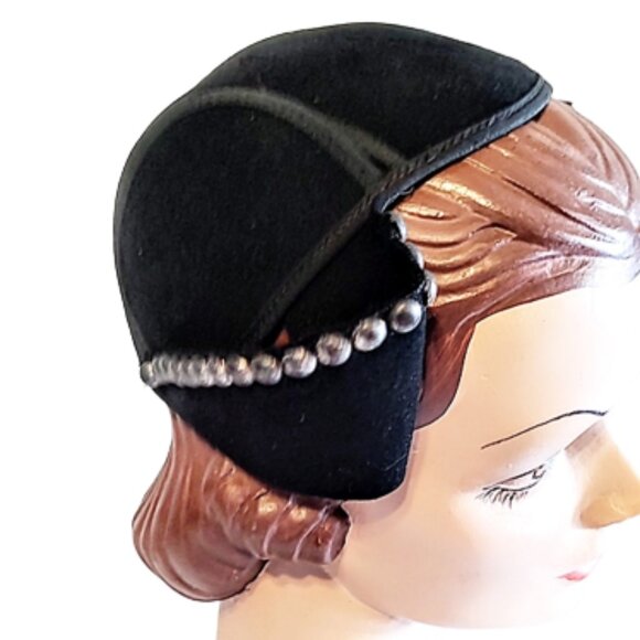 1930s True Vintage Black Cloche Style Felt Hat With Metal Studded Accents Deco main image 4